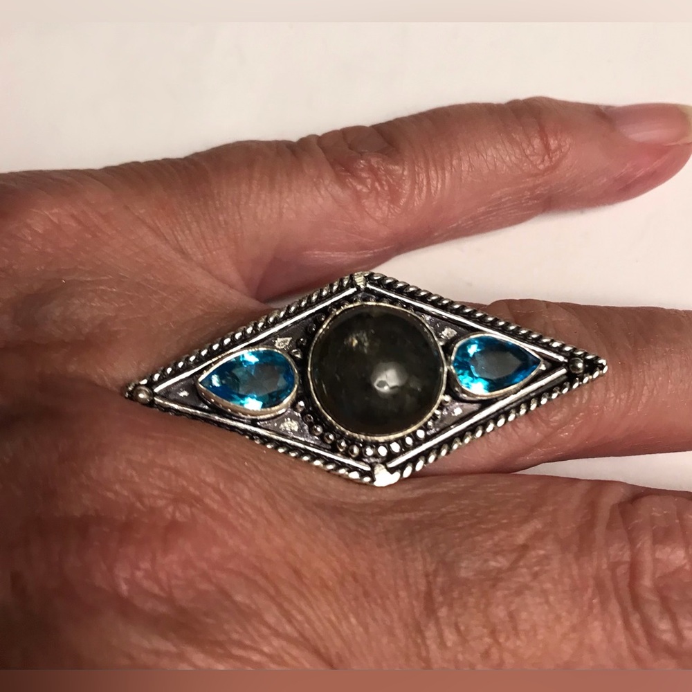 Labradorite Blue Topaz Stamped 925 Sterling Silver Ring